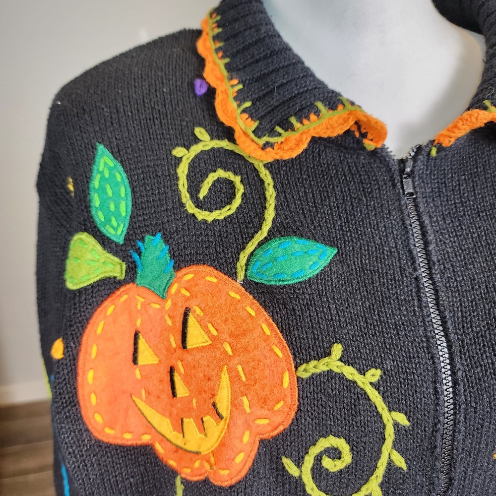 Yarnworks Vintage Halloween Zip Sweater Womens Large Black Orange Purple Boo 90s - Picture 6 of 15